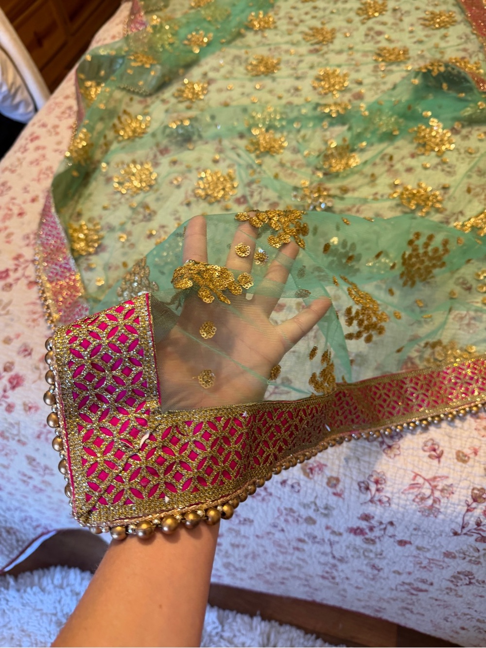 Embroidered Turquoise and Gold Beaded Scarf with Pink Trim 92x38 - Picture 8 of 9